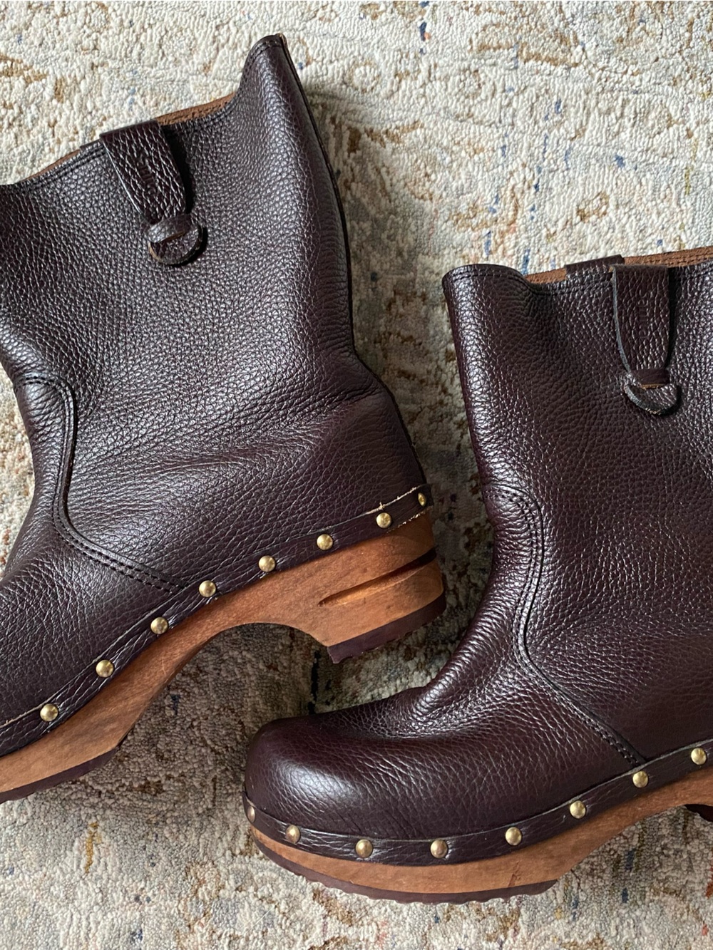 Sanita Dark Brown Pebbled Leather Studded Clog Booties Size 39